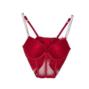 Victoria's Secret Very Sexy Push Up Shine Corset Bra 34B Red Rhinestone Lace
